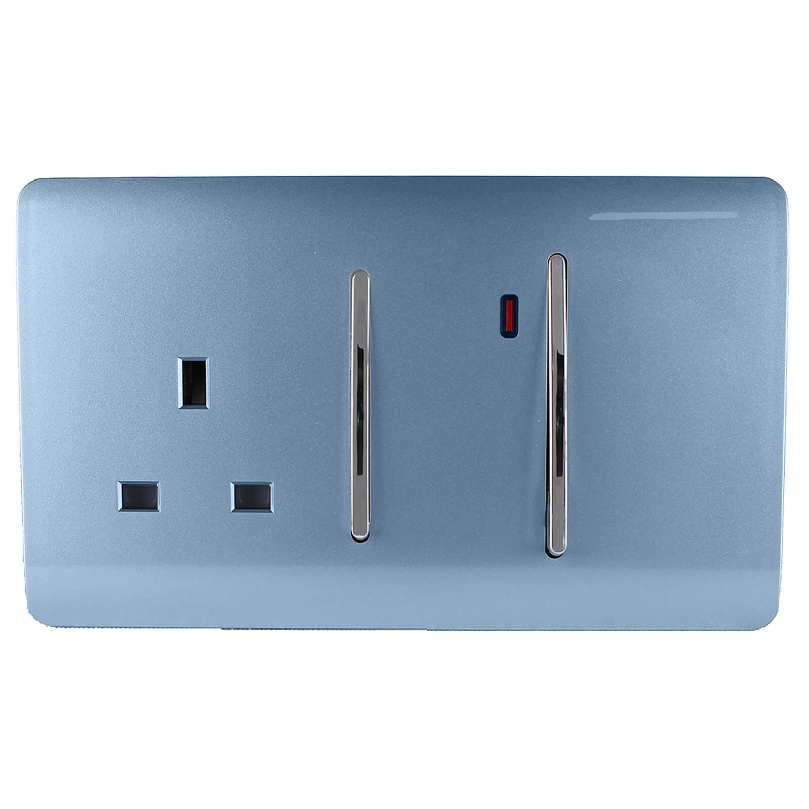 Sky blue cooker switch and plug socket with a sleek, metallic finish, featuring two vertical switches and a red neon indicator light.