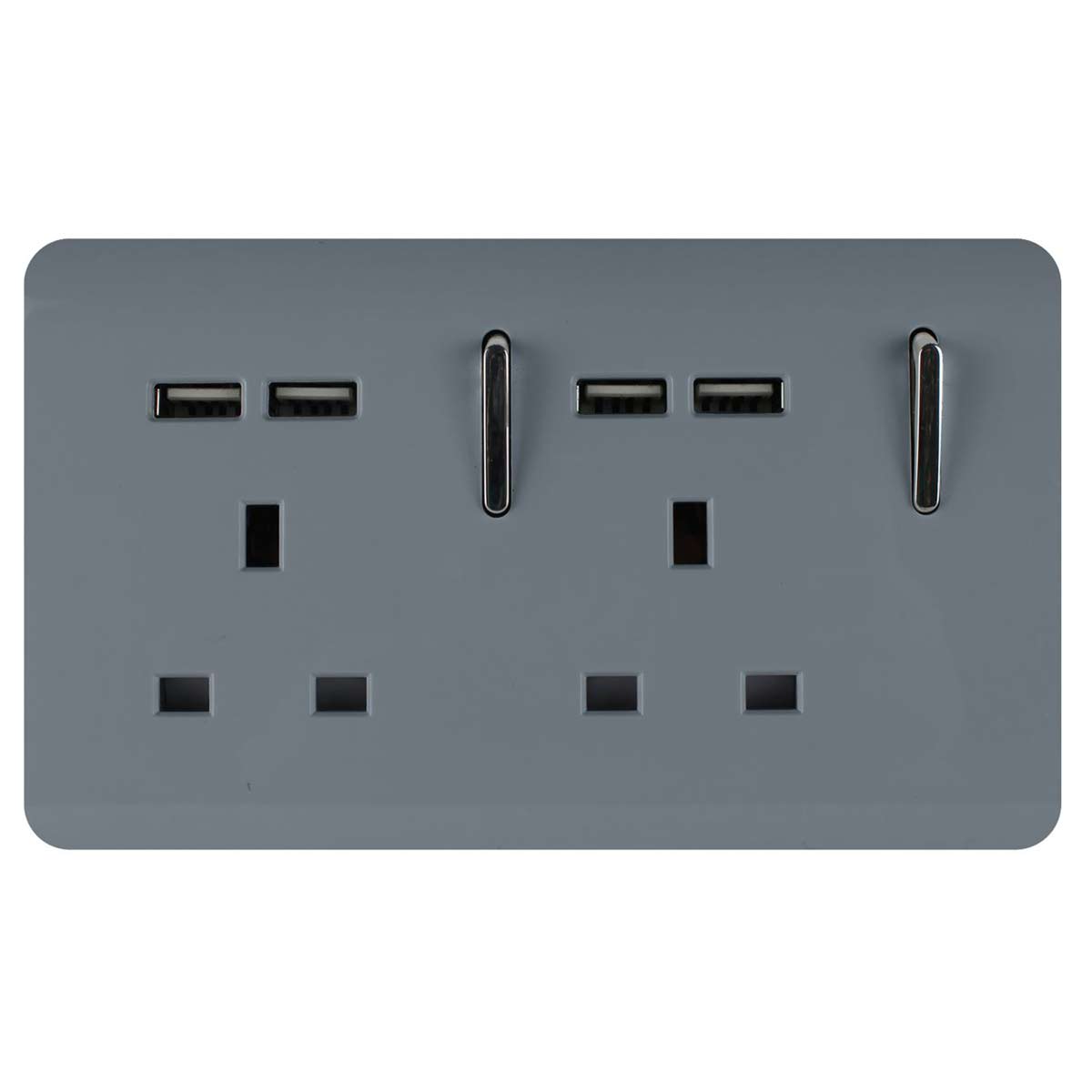 Warm grey 45Amp cooker switch and socket by Trendi Switch, featuring three USB ports and sleek metallic switches on a smooth, modern surface.
