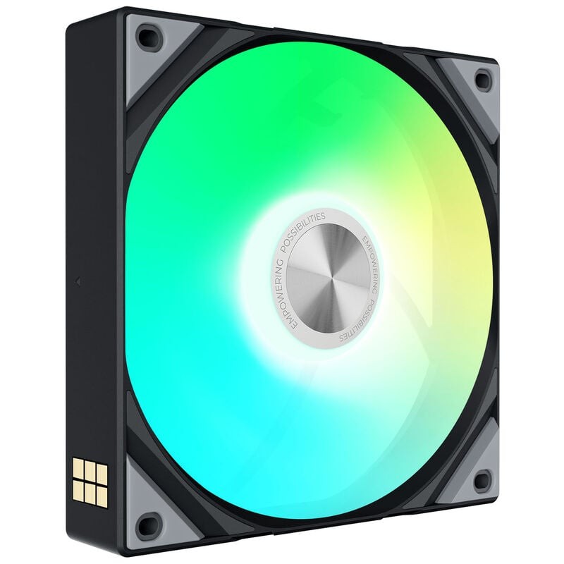Black 120mm fan with a sleek design, featuring vibrant ARGB lighting that transitions from green to blue, and a metallic center with a silver finish.