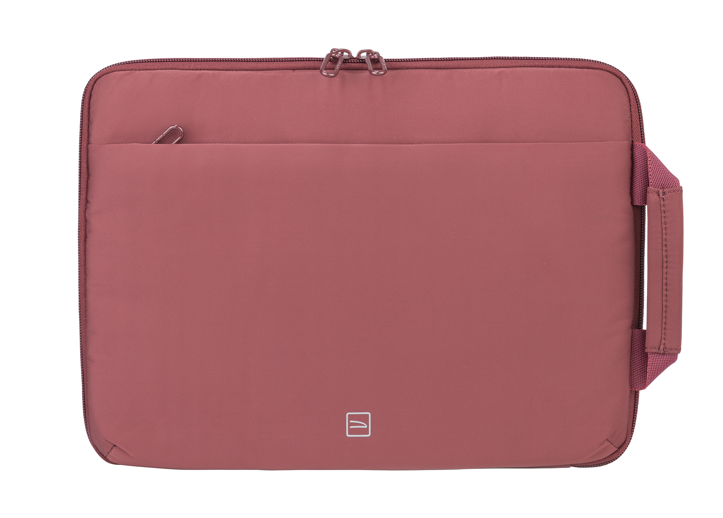 Bordeaux-colored Tucano Sandy sleeve case for 14" laptops, featuring a smooth fabric exterior, zip closure, and a side handle for easy carrying.