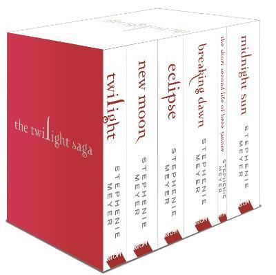 Red and white box set containing six paperback books of "The Twilight Saga" by Stephenie Meyer, featuring titles like "Twilight," "New Moon," and "Eclipse" on the spines.
