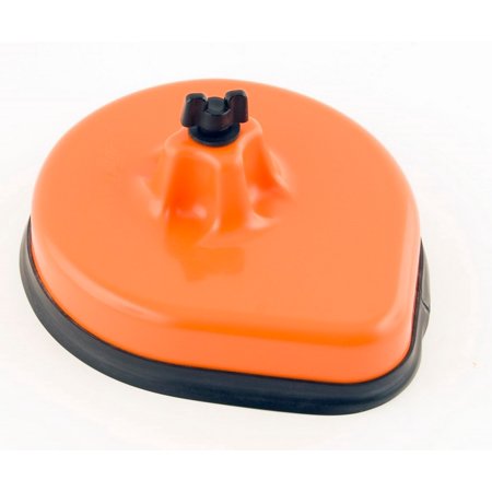 Bright orange air filter cover with a rounded triangular shape, featuring a central mounting point and a black rubber edge, designed for Kawasaki KX125/250 models.