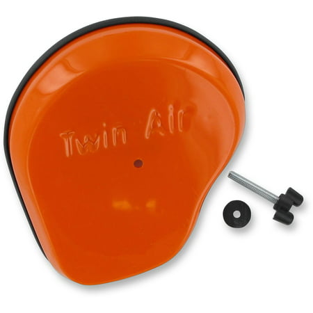 Bright orange plastic air box cover with a smooth finish, featuring "Twin Air" embossed on the surface, accompanied by a black rubber seal, screw, and mounting hardware.