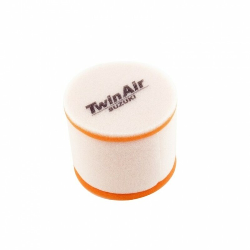 Twin Air air filter for Suzuki RM125 (1979-1980) featuring a cylindrical shape, white foam material, and a distinctive orange rubber seal at the base with "Twin Air" branding.