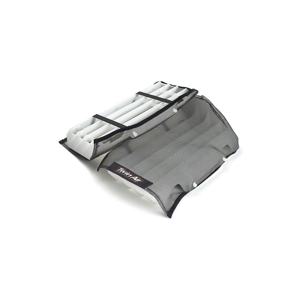 Black mesh radiator sleeves designed for Honda CRF450X, CRF450L, and CRF450RL models, featuring a white inner lining and secured with adjustable straps for protection.
