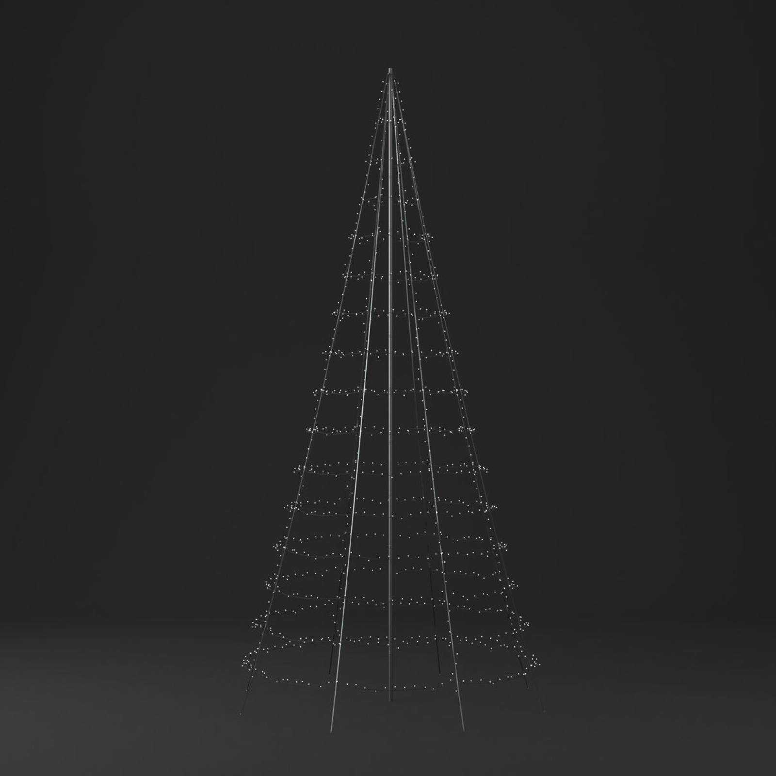 A tall, 8m decorative light tree with a matte finish, featuring IP44-rated RGBW LEDs arranged in a conical shape, set against a dark background.