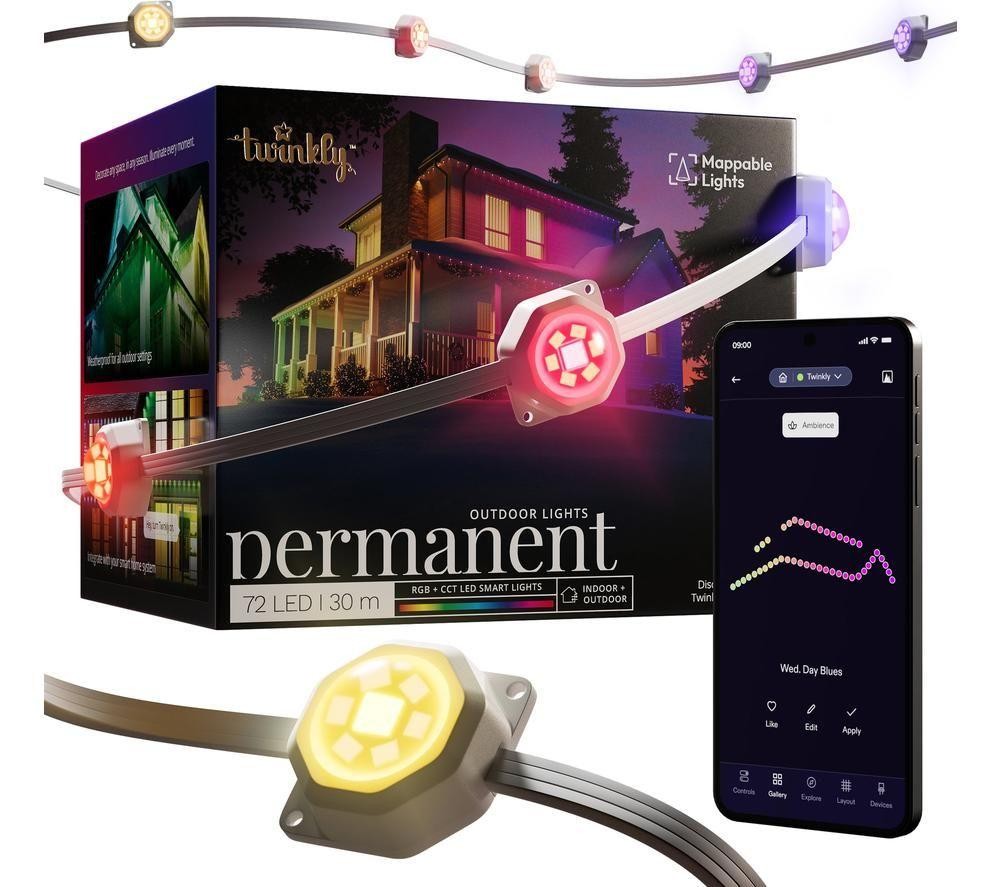 Twinkly Permanent Outdoor Lights feature 72 colorful LEDs on a 30-meter white wire, with a Plug Type G, designed for smart control and outdoor use.