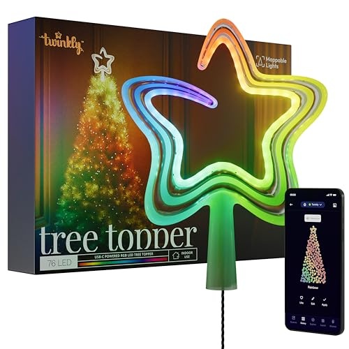 Colorful star-shaped tree topper with 78 LED RGB+W lights, made of durable material, featuring a USB Type C connection for easy setup and customizable lighting via a smartphone app.