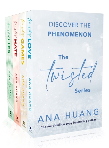 Four-book boxed set of the "Twisted Series" by Ana Huang, featuring pastel blue and white covers with titles in bold, elegant fonts, showcasing themes of love, hate, lies, and games.