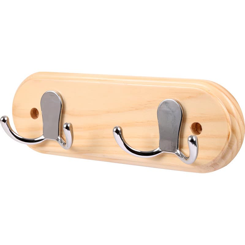 Double polished chrome robe hooks mounted on a ridged pine wooden board, featuring a natural wood finish and two curved hooks for hanging clothing or accessories.