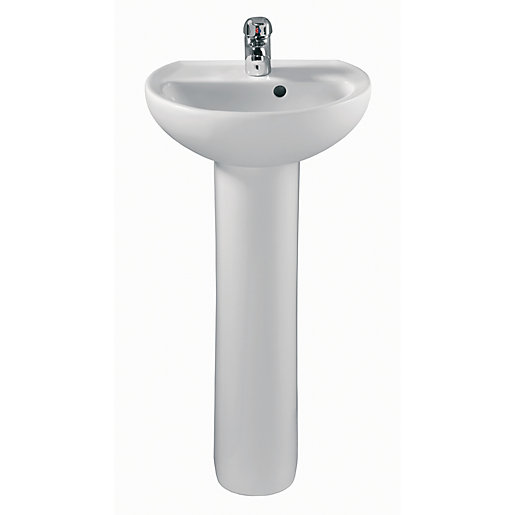 White ceramic handrinse washbasin with a sleek, curved design, featuring a single chrome tap, mounted on a tall pedestal, measuring 400mm x 330mm.