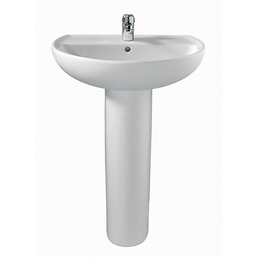 White ceramic Twyford Alcona washbasin with a sleek, rounded design, featuring a single tap hole and a pedestal base, measuring 500mm x 410mm.