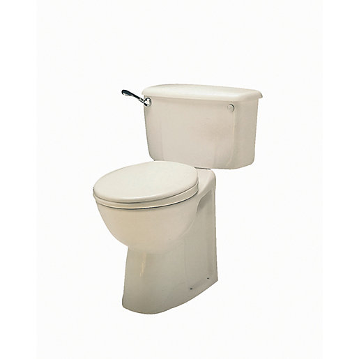 White ceramic close coupled toilet with a rounded bowl and a cistern featuring a chrome flush handle, designed for modern bathrooms.