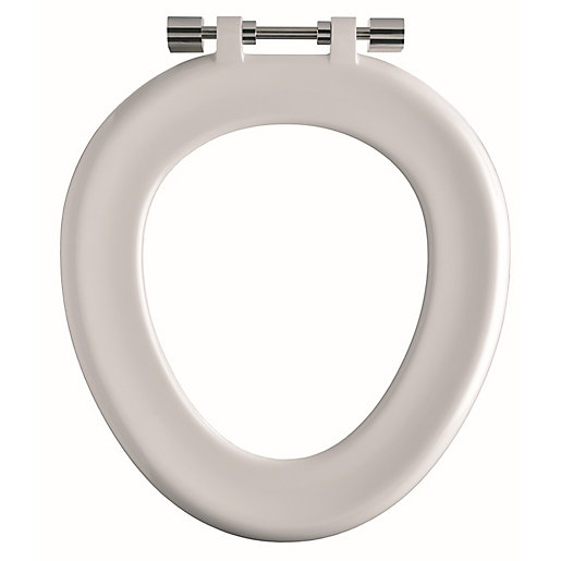 White oval toilet seat ring made of durable plastic, featuring a sleek design and chrome hinges for easy installation and a modern look.