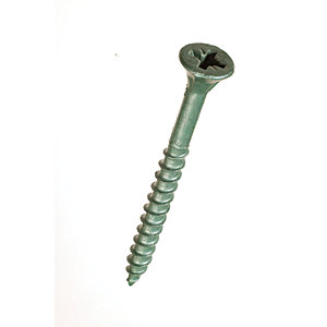 Organic green D20100 Stick-Fit deck screw, 4.0 x 65mm, featuring a star-shaped drive and spiral threads, presented in a tub containing 350 screws.