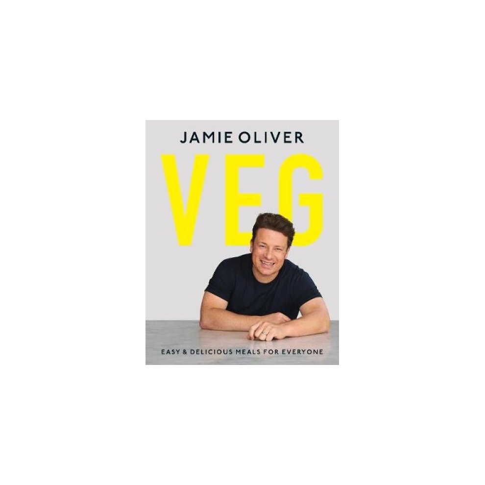 Bright yellow "VEG" title on a light gray background, featuring Jamie Oliver smiling in a black shirt, with the subtitle "Easy & Delicious Meals for Everyone" below.