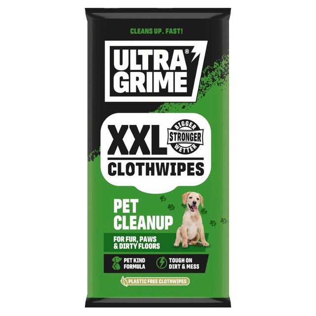 Black and green packaging featuring "Ultragrime XXL Clothwipes" for pet cleanup, highlighting a pet-friendly formula and tough dirt removal, with a dog graphic and 20 wipes per pack.