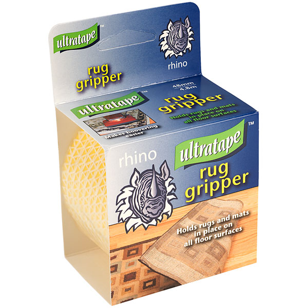 Ultratape Rug Gripper Tape in a blue and yellow box, measuring 48mm x 4.8m, featuring a textured surface for securing rugs on various floor types.