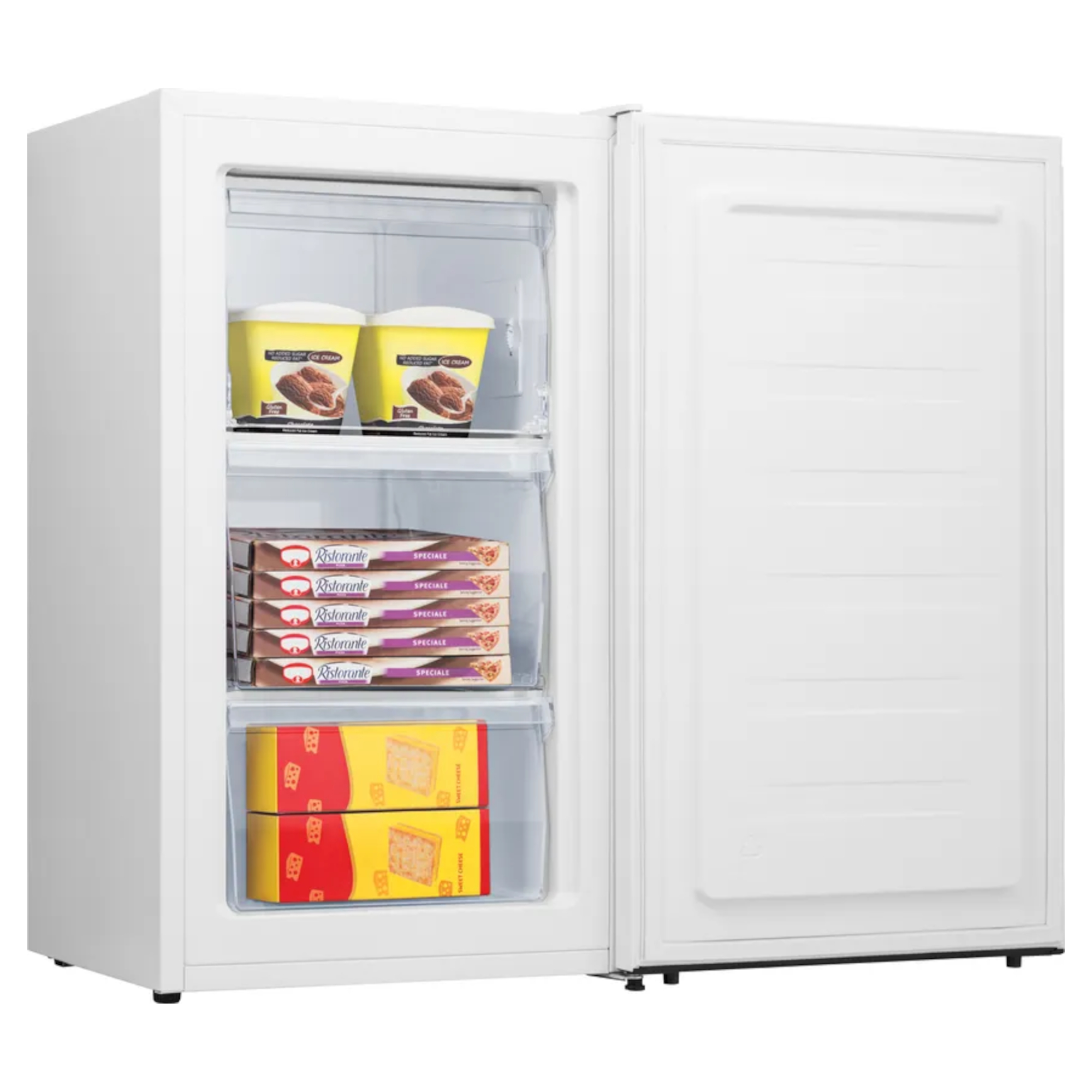 White Fridgemaster MUZ4860E under counter freezer featuring a clear front, three shelves filled with ice cream tubs and frozen food boxes, and a smooth, minimalist design.