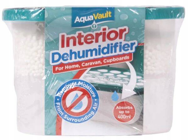 AquaVault Original 180g dehumidifier in a clear plastic container, featuring a blue and white label, designed to absorb moisture from the air, effective for spaces up to 400ml.