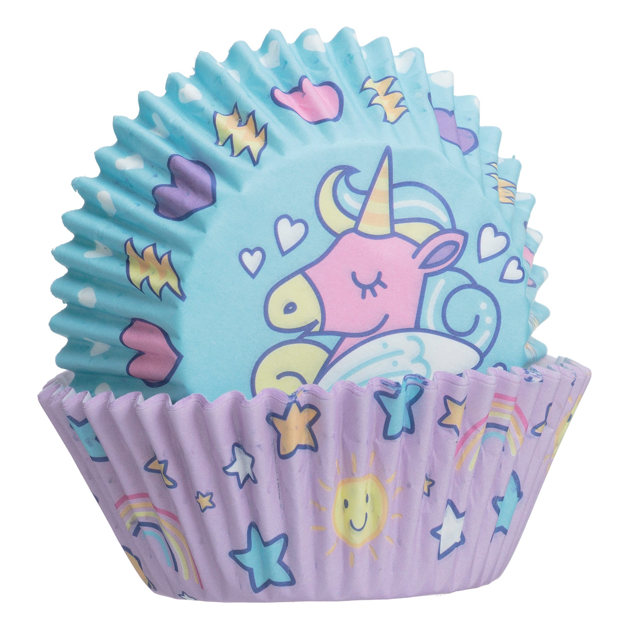 Set of 48 Mason Cash cupcake cases featuring pastel colors, unicorn designs, and whimsical patterns, including hearts, stars, and rainbows, made from paper.