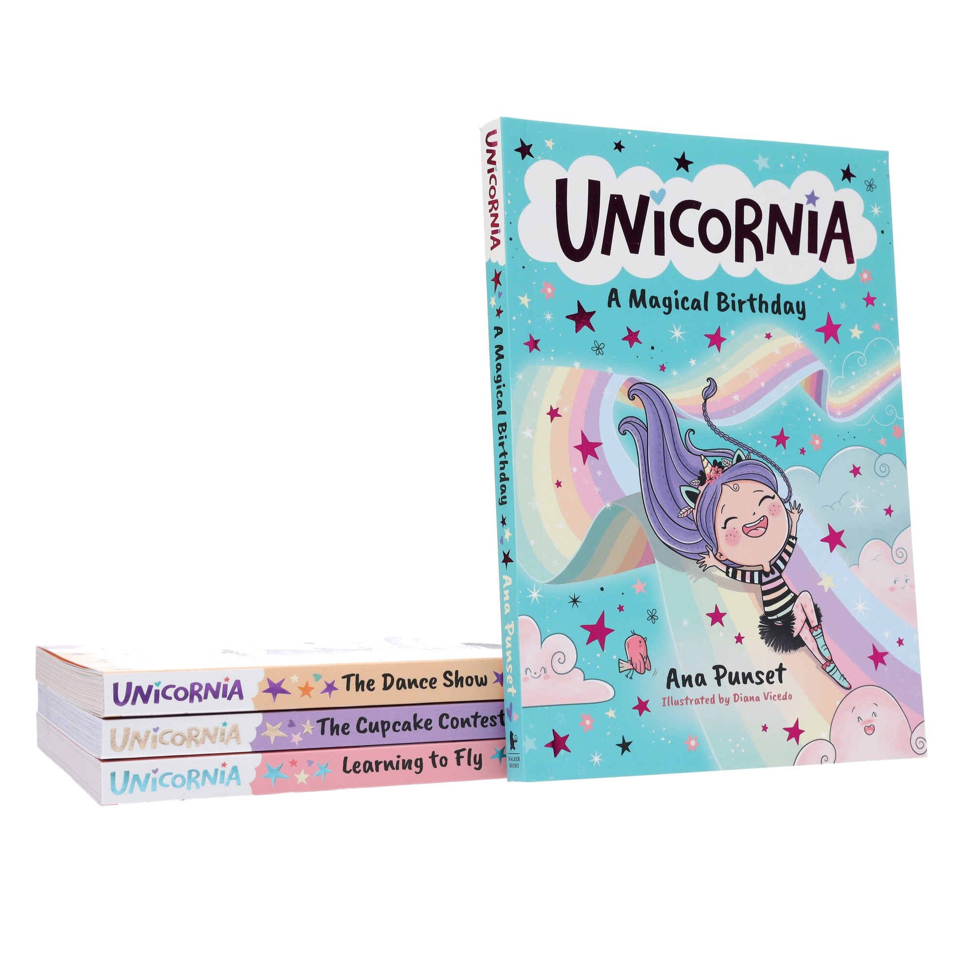 Colorful book set featuring the title "Unicornia" with whimsical illustrations of a unicorn and a girl, showcasing vibrant pastel colors and playful designs on the covers.
