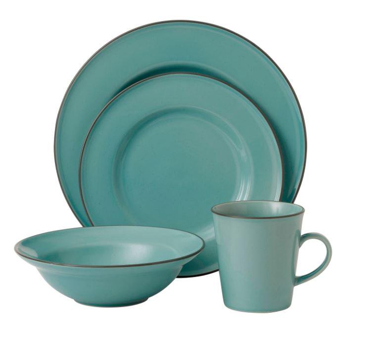 Teal blue 12-piece dinner set by Royal Doulton, featuring dinner plates, side plates, bowls, and mugs with a smooth finish and subtle dark rim detailing.
