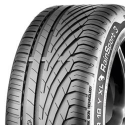 Black rubber tire with a distinctive tread pattern, labeled "RainSport 3" and "205/55 R16 91W Runflat," featuring grooves for improved wet traction.