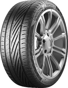 Black rubber tire with a sleek tread pattern, labeled "Uniroyal RainSport 5," featuring a silver alloy wheel design and the size specification 225/50 R16 92Y EVc.