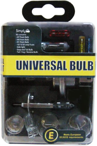 Universal Bulb Kit by Autobar featuring various bulbs including H7, H1, and tail/reverse bulbs, packaged in a clear plastic case with a yellow and black label.