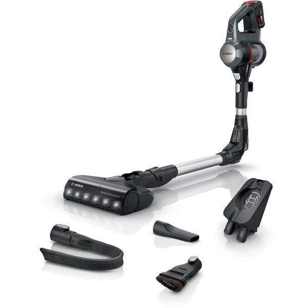 Bosch Unlimited 7 cordless vacuum cleaner in dark granite, featuring a sleek design, detachable battery, multiple attachments, and LED lights on the cleaning head.