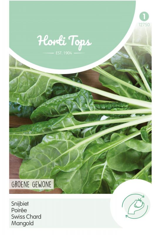 Green Swiss chard leaves with prominent veins, arranged on a light background, featuring the "Horti Tops" logo and product details in a clean, modern design.