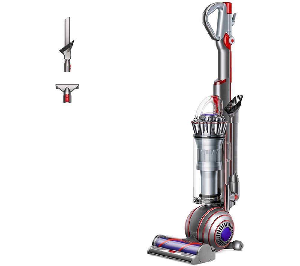 Dyson Ball Animal Origin Upright Vacuum Cleaner in nickel and silver, featuring a clear dust canister, red accents, and a ball design for maneuverability.