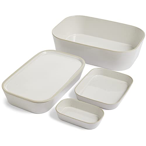 Five-piece ceramic bakeware set in white with subtle beige accents, featuring various rectangular and square dishes for versatile cooking and serving.