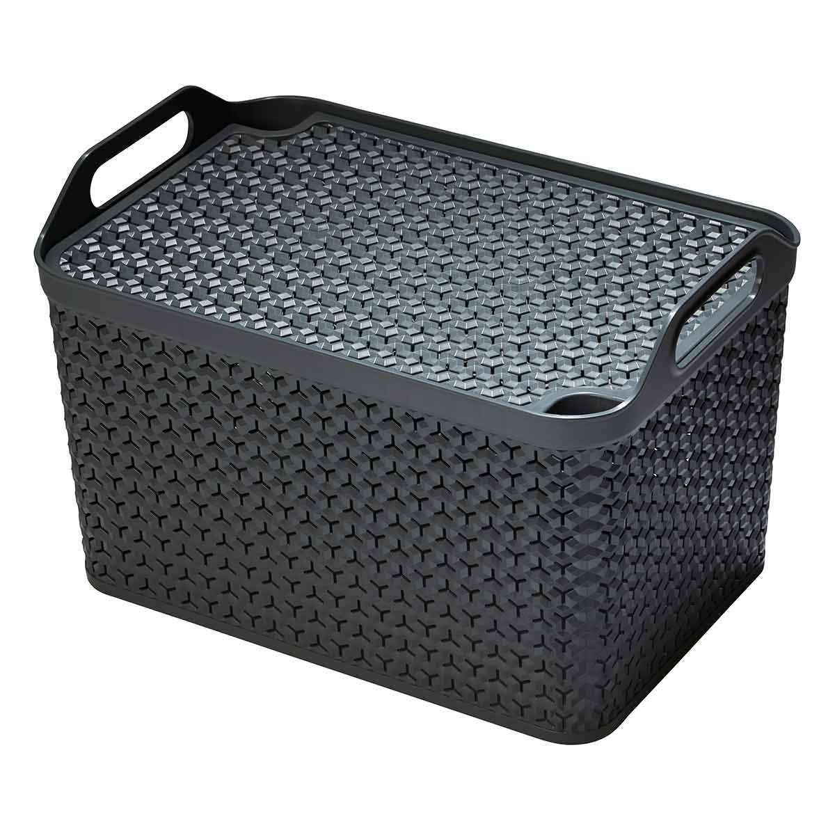 Charcoal grey large 21L basket with a textured woven design, sturdy lid, and convenient side handles for easy carrying.