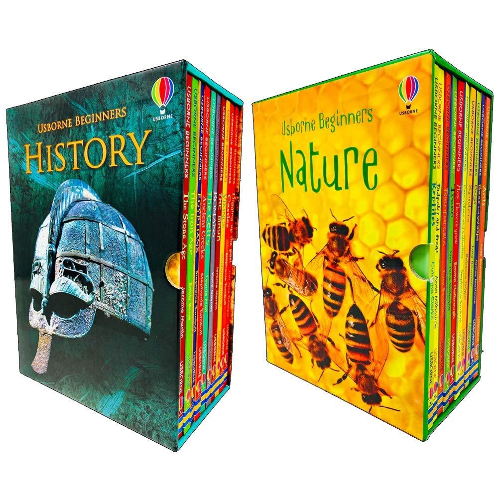 Colorful box set featuring 20 books on history and nature, with a turtle shell design on the history side and bees on the nature side, showcasing vibrant illustrations and titles.