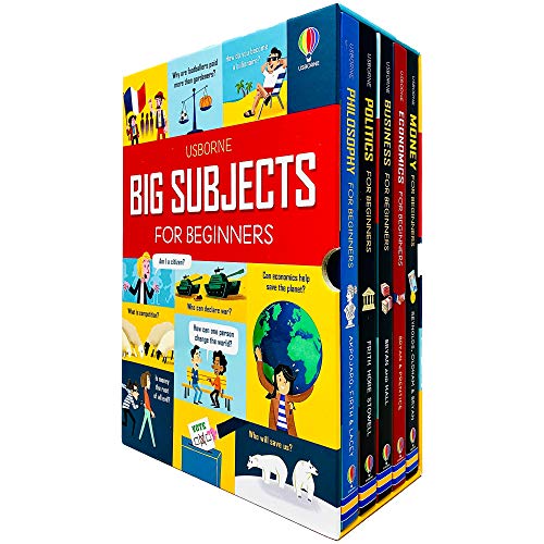 Five colorful books in a box set titled "Usborne Big Subjects for Beginners," featuring illustrations related to money, philosophy, politics, and more, with a bright red cover.