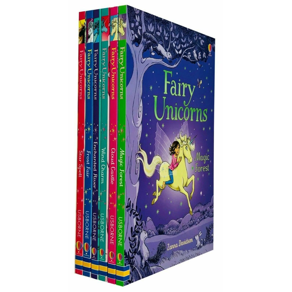 A colorful collection of six hardcover books titled "Fairy Unicorns" by Zanna Davidson, featuring vibrant covers with illustrations of unicorns and a magical forest theme.