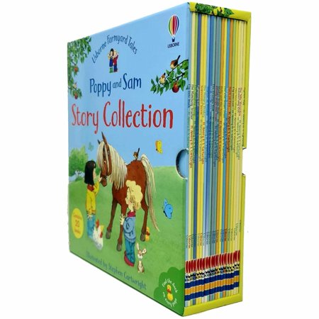 Colorful box set containing 20 children's books from the "Poppy and Sam" series, featuring illustrated characters and a farmyard scene on the cover, with spines in various bright colors.