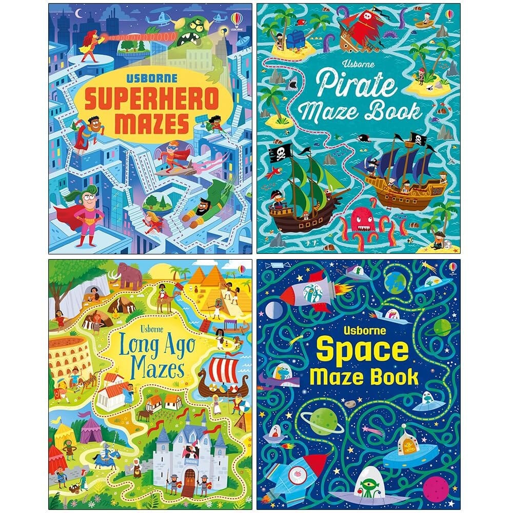 Four colorful maze books featuring vibrant illustrations: "Superhero Mazes," "Pirate Maze Book," "Long Ago Mazes," and "Space Maze Book," each with unique themes and playful designs.