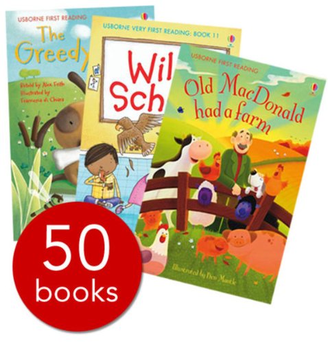 Colorful paperback book covers featuring illustrations from various children's stories, with a red circle displaying "50 books" prominently in the foreground.