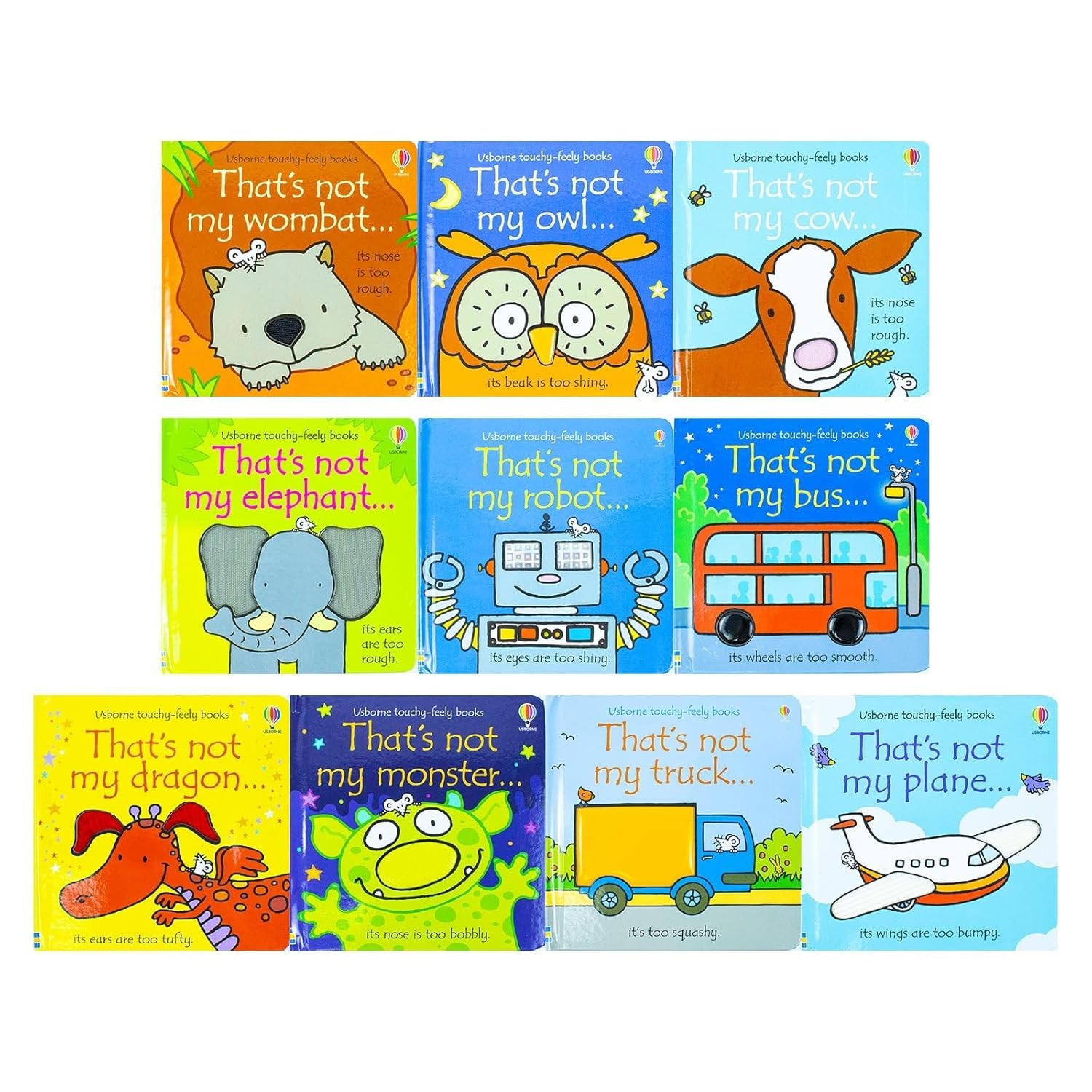 Ten colorful board books from the "That's Not My" series by Fiona Watt, featuring various animals and vehicles, with textured patches for tactile engagement.