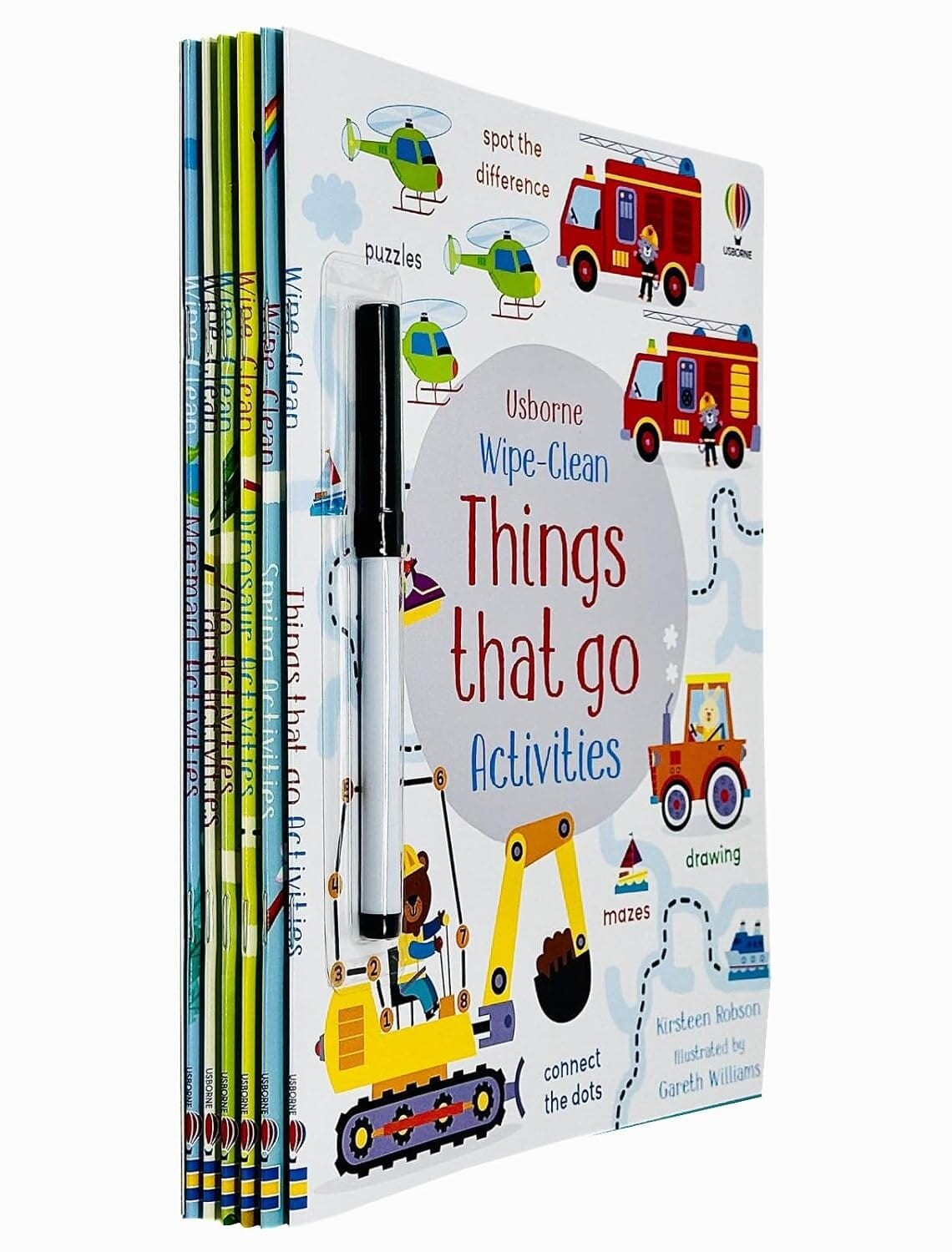 Colorful collection of Usborne Wipe Clean Activities featuring dinosaur themes, including puzzles and mazes, with a black erasable marker included for interactive fun.