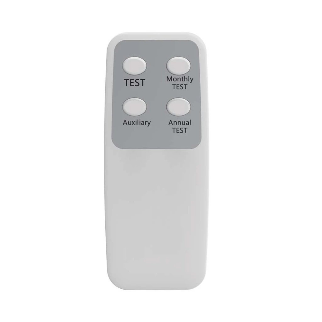 White remote control with four buttons labeled "TEST," "Monthly TEST," "Annual TEST," and "Auxiliary," designed for the V-tac VT-995 Emergency Exit Light.