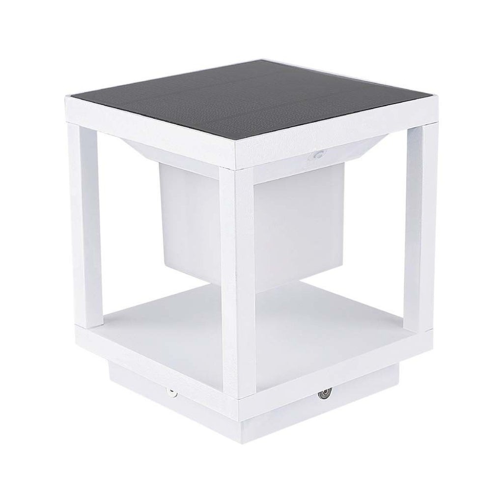 White square solar pillar light with a black top, featuring a minimalist design and a transparent light compartment, suitable for outdoor use.