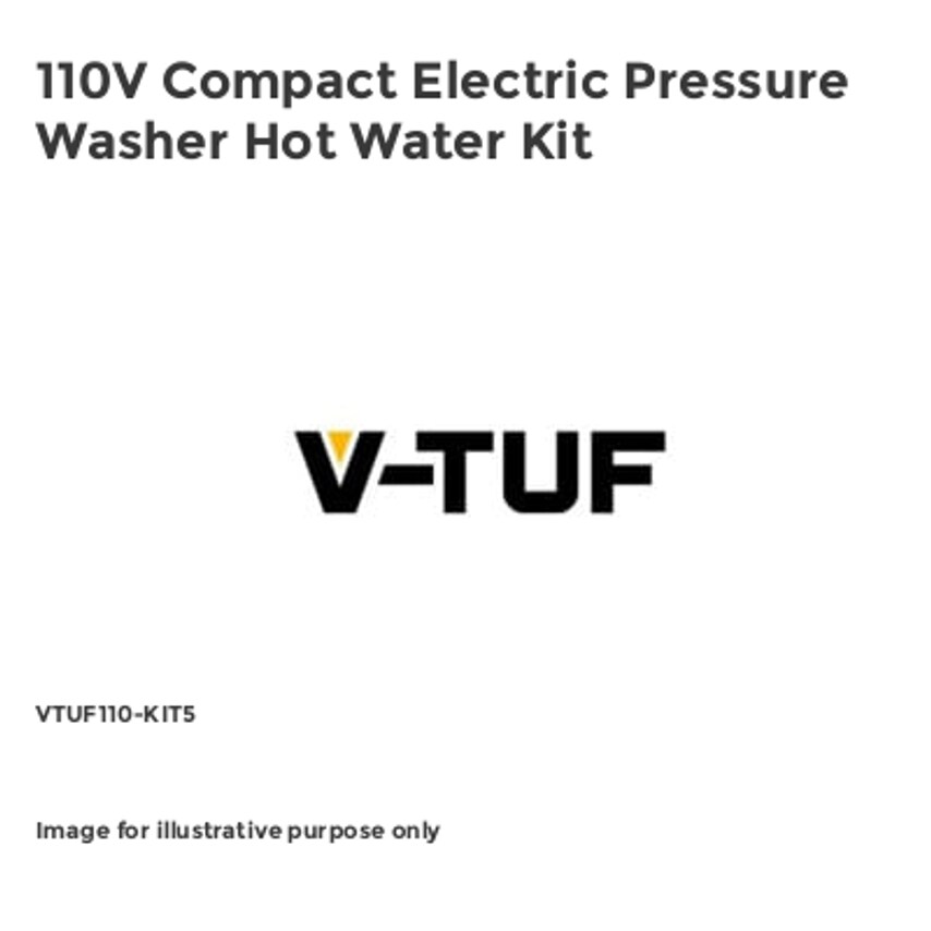 V-Tuf 110V Compact Electric Pressure Washer Hot Water Kit featuring a sleek design, durable materials, and a prominent V-TUF logo, ideal for efficient cleaning tasks.