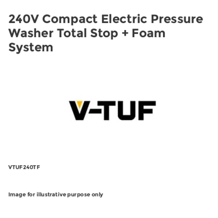 V-Tuf 240V Compact Electric Pressure Washer in black and yellow, featuring a Total Stop system and integrated foam sprayer for efficient cleaning.