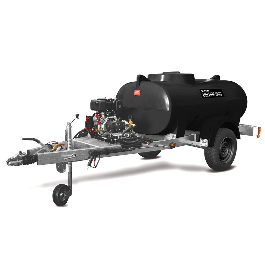 V-Tuf Deluge 10HP diesel pressure washer features a black tank mounted on a silver trailer, equipped with a powerful engine and high-pressure hose connections for efficient cleaning.