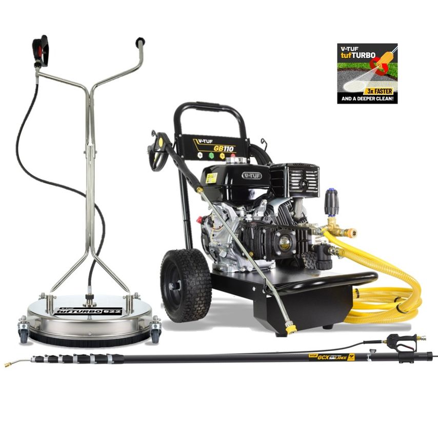 V-Tuf GB110 petrol pressure washer in black and yellow with a Honda engine, featuring a maintenance kit, turbo nozzle, and surface cleaner attachment on a wheeled frame.
