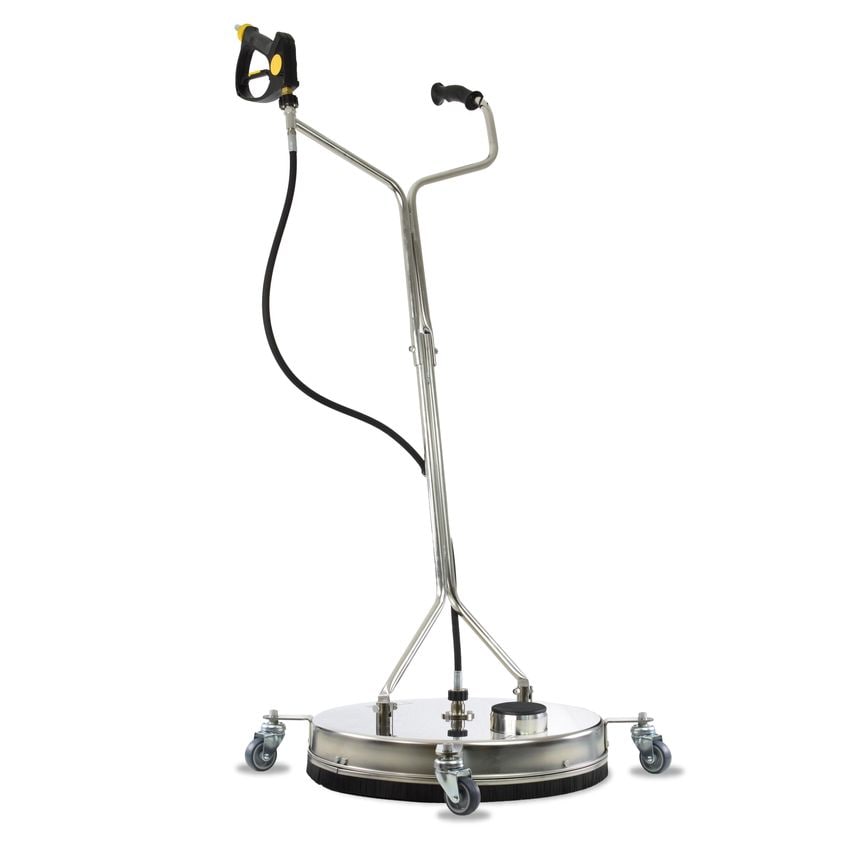 Stainless steel surface cleaner with a 533mm diameter, featuring a soft grip handle, a yellow spray nozzle, and four swivel wheels for easy maneuverability.